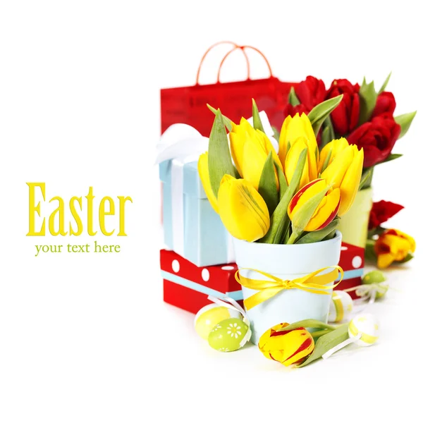 Spring tulips with easter eggs — Stock Photo, Image