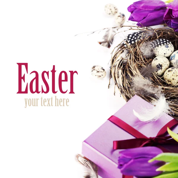 复活节彩蛋与紫色郁金香鲜花和礼物 — 图库照片