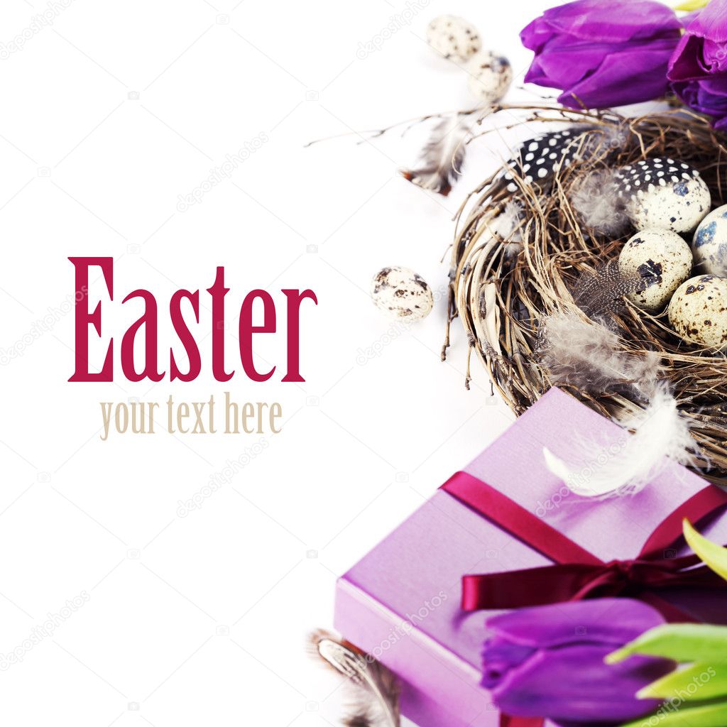 Easter eggs with purple tulip flowers and gifts