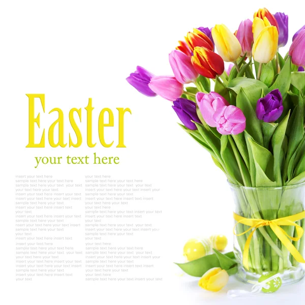 Tulipanes de primaveracon huevos de Pascua aislados sobre fondo blanco —  Fotos de Stock