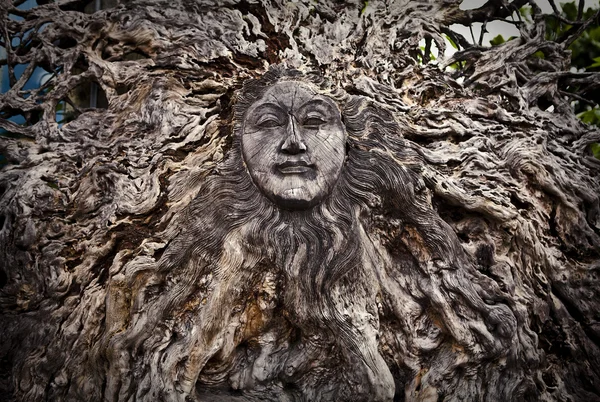 Velho rosto de madeira em raízes - fundo conceitual . — Fotografia de Stock