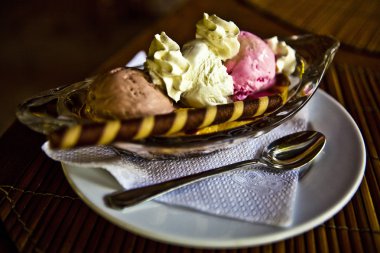 Ice cream in bowl with three scoops clipart