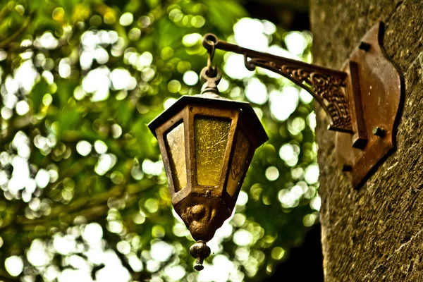 Uma velha lâmpada de rua em um jardim — Fotografia de Stock