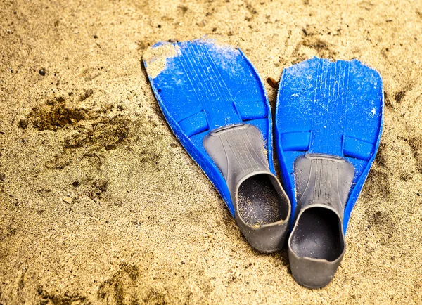 Blue flippers on white sand beach in summer — Stock Photo, Image