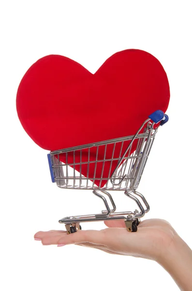 Símbolo del corazón en el carrito de la compra en la palma — Foto de Stock