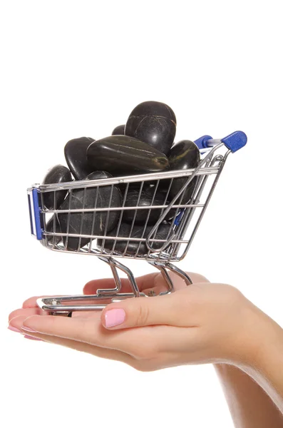 Schwarze Steine im Einkaufswagen auf der Handfläche — Stockfoto