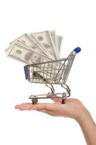 Dolarové bankovky v nákupním vozíku na dlani — Stock fotografie