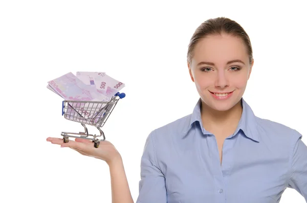 Vrouw met eurobankbiljetten uw winkelwagen — Stockfoto