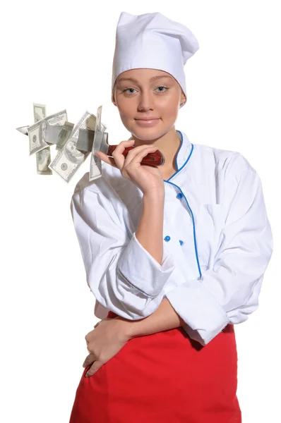 Gelukkige vrouw-chef met mes en geld — Stockfoto