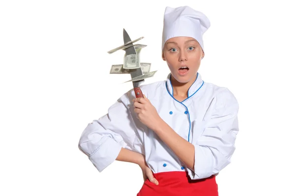 Surprised woman- chef with knife and money — Stock Photo, Image