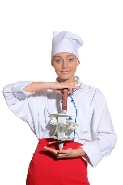 Gelukkige vrouw-chef met mes en geld — Stockfoto