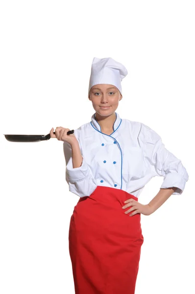 Happy woman-cook with frying pan — Stock Photo, Image