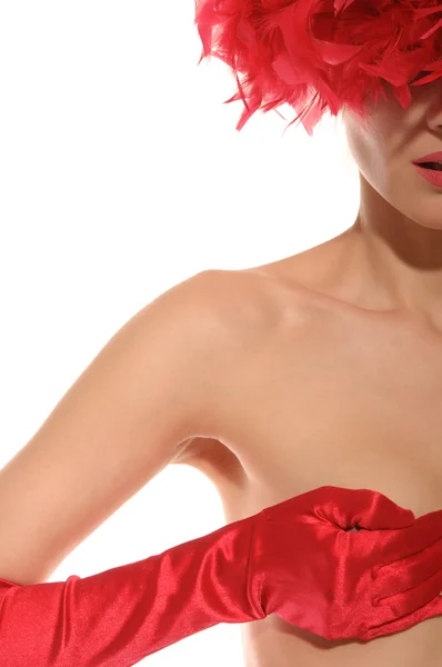 Güzel seksi kadın üstsüz ve kırmızı eldiven — Stok fotoğraf