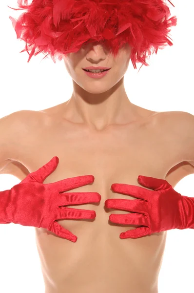 Schöne sexy Frau oben ohne und in roten Handschuhen — Stockfoto