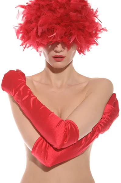 Belle femme sexy seins nus et en gants rouges — Photo