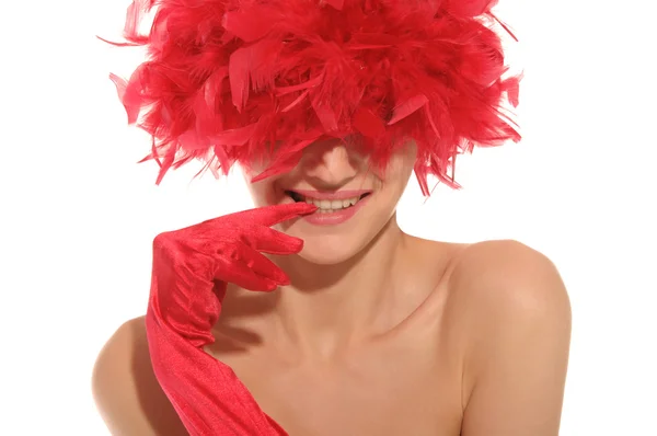 Hermosa mujer en guantes rojos y sombrero — Foto de Stock