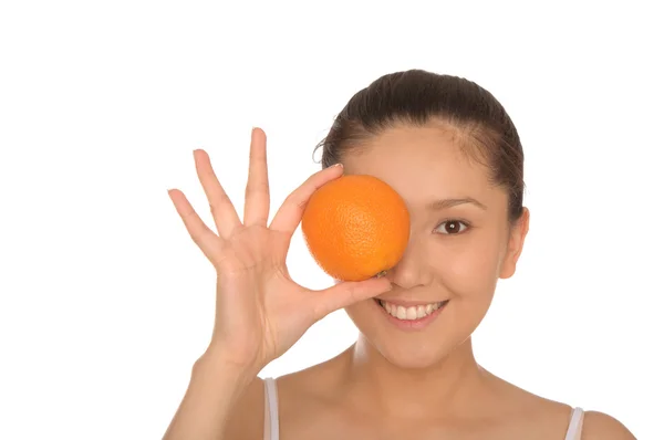 Ευτυχισμένη γυναίκα της Ασίας με πορτοκάλι — Φωτογραφία Αρχείου
