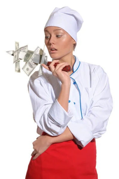 Woman- chef with knife and money — Stock Photo, Image