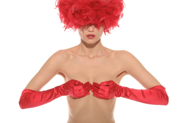 Vacker sexig kvinna topless och i röda handskar — Stockfoto