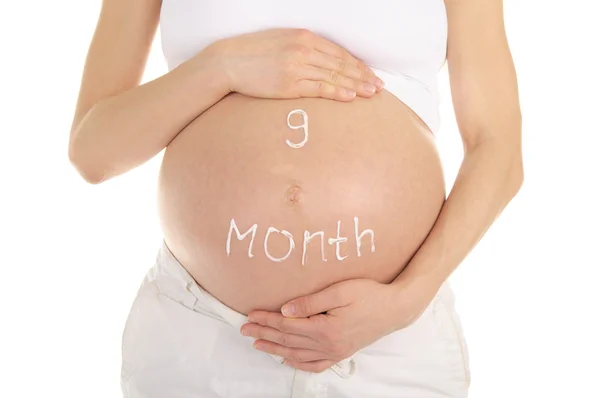 Zwangere vrouw buik met woorden negen maanden — Stockfoto