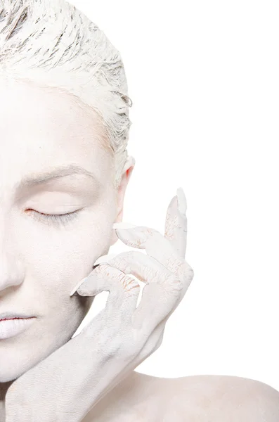 Hälften kvinnor i vitt ansikte make-up — Stockfoto