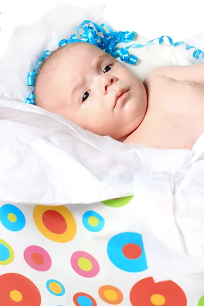 Month old baby as present in box — Stock Photo, Image