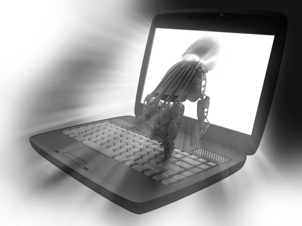 Hand av roboten och den bärbara datorn — Stockfoto