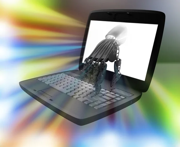 Hand of the robot and the laptop (Remote Desktop) — Stock Photo, Image