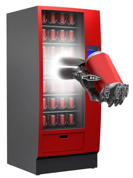Distributeur automatique avec main cyborg et boisson en boîte — Photo