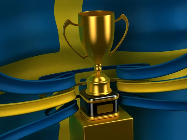 Schwedische Flagge mit goldenem Pokal — Stockfoto