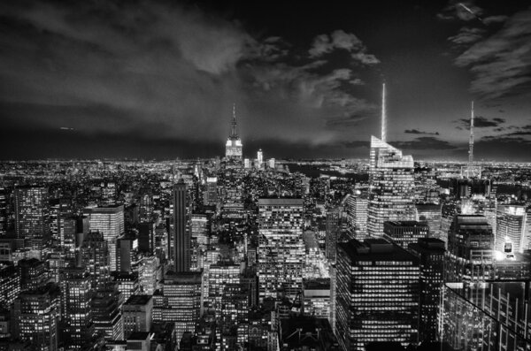 Black and White Night Lights of New York City, Aerial View