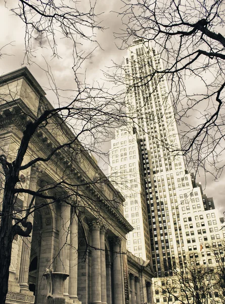 Öffentliche Bibliothek und Wolkenkratzer der New Yorker City im Winter — Stockfoto