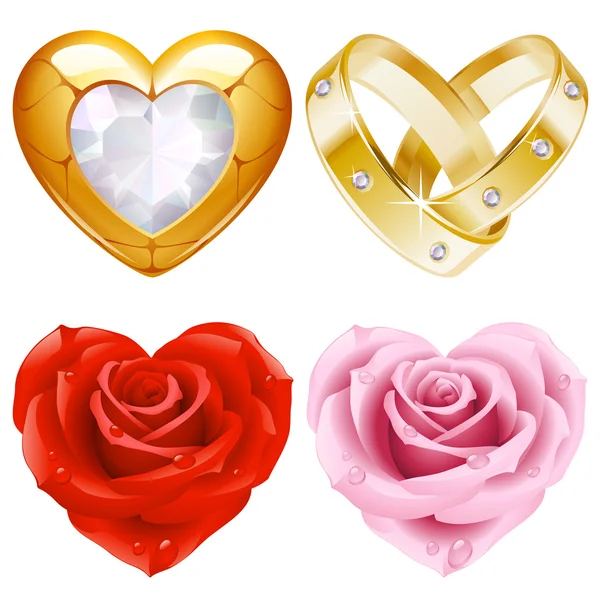 Herzform Set 4. Goldschmuck und Rosen — Stockvektor