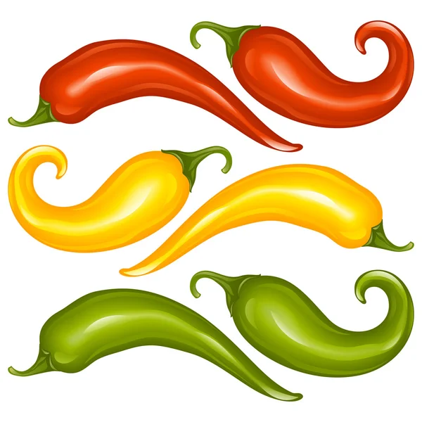 Quente chili pimenta vetor conjunto isolado no fundo branco. Vermelho, amarelo e verde. — Vetor de Stock