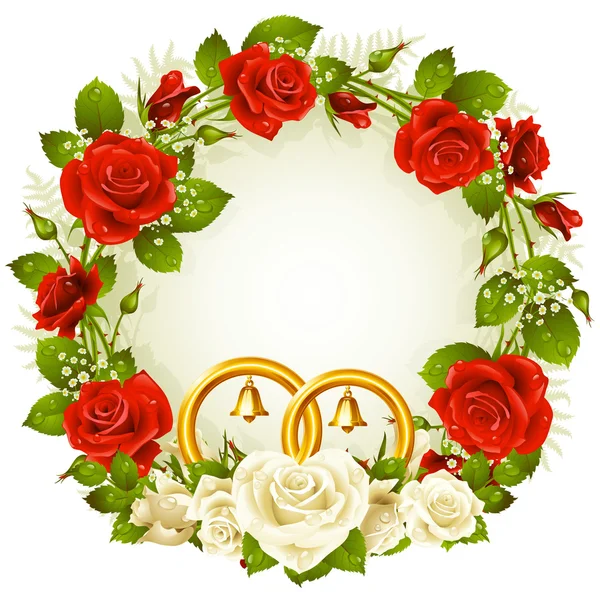 Blumengestell. Vektor weiße und rote Rose und goldene Eheringe. — Stockvektor