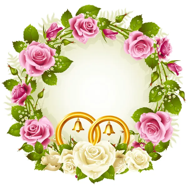 Fehér és rózsaszín rózsa kör esküvői keret. — Stock Vector