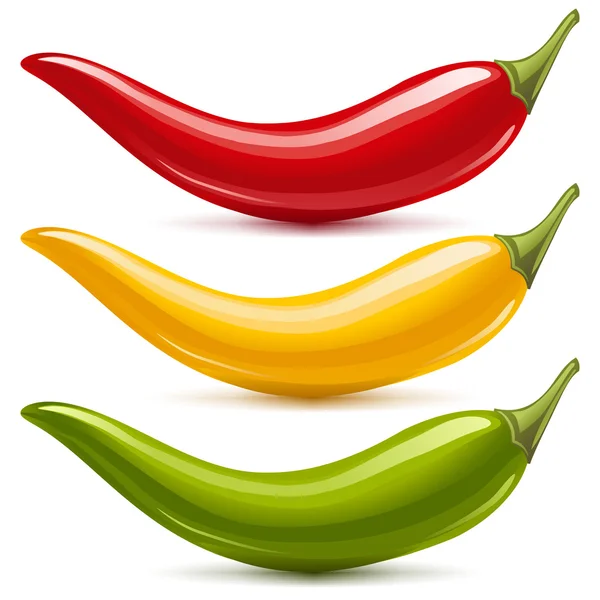 Quente chili pimenta vetor conjunto isolado no fundo branco. Vermelho, amarelo e verde. — Vetor de Stock