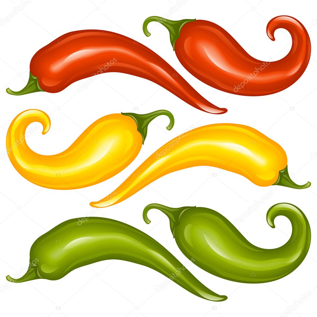 Hot chilli pepper vector set isolated on white background. Red, yellow and green.