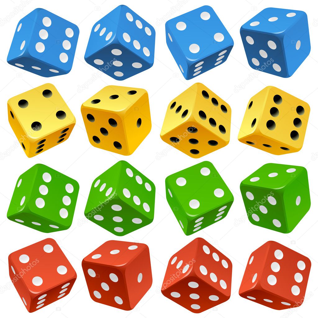 Game dice set. Vector red, yellow, green and blue icons.