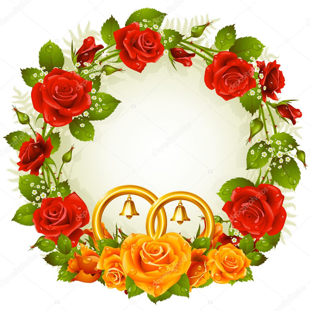 Red and orange rose circle wedding frame.