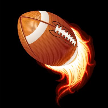 Vector flying flaming American football ball on a black background clipart