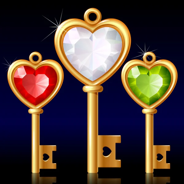 Three golden keys with Jewel heart — Stock Vector