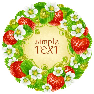 Vector strawberry circle frame. Red berry and white flower clipart