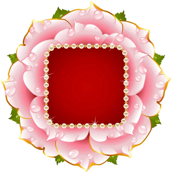 真珠のネックレスを持つベクトル ピンク ローズ サークル フレーム — ストックベクタ