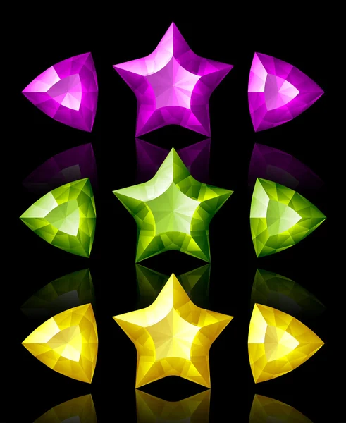 Sieraden iconen van sterren en pijlen: violet, groen, geel — Stockvector