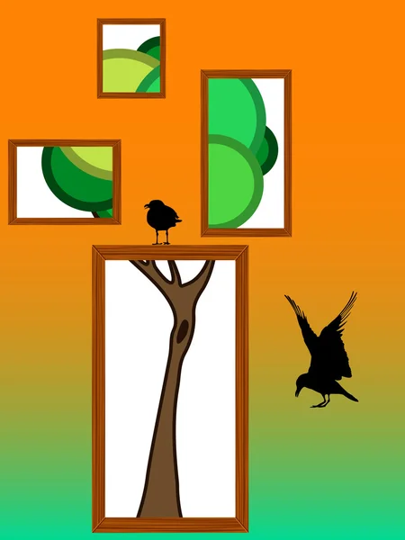 Arbre abstrait avec dessin d'oiseaux — Image vectorielle