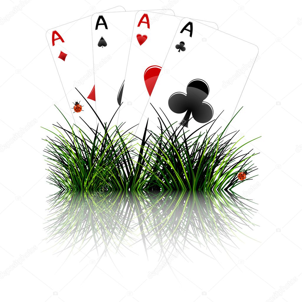 Four aces behind grass reflected