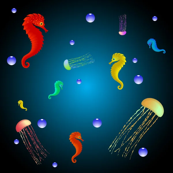 ； 水母和海马 — 图库矢量图片