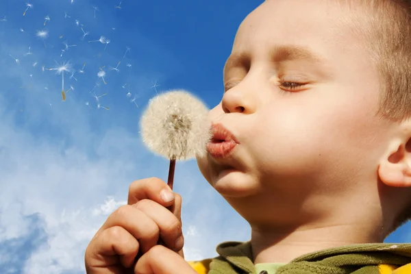 Boy with dandelion on a sky background — Stock Photo, Image