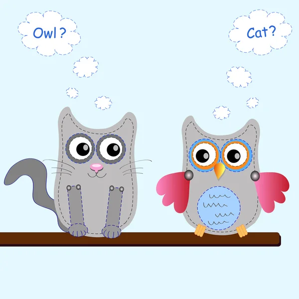 Little sweet owl and cat — Stock Vector